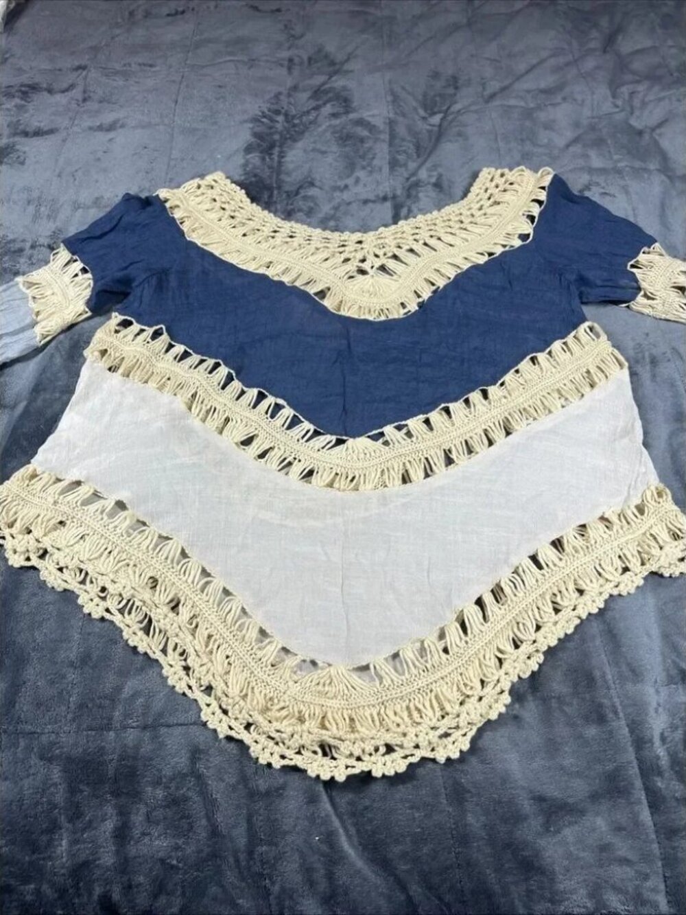 Umgee Sz S Pullover Boho Top 3/4 Sleeves Crochet Blue Tie Dye EUC! - Picture 9 of 10